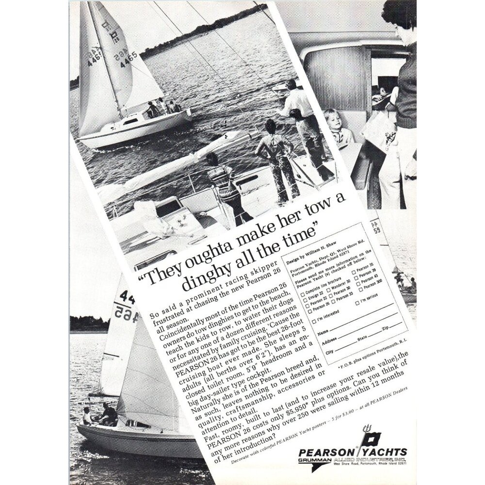 1971 Pearson 26 All Season Sailboat Vintage Print Ad Sailing Nautical Wall Art
